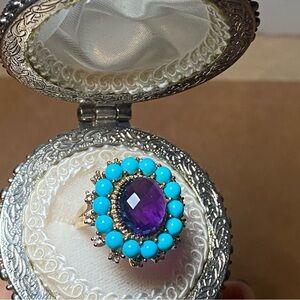 10K Gold Turquoise Amethyst Ring Size 7.5